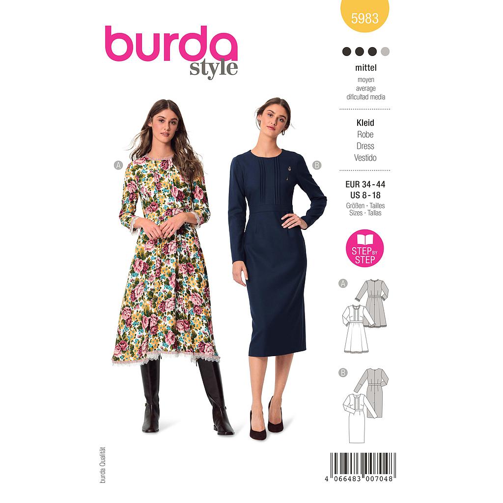 Patron Burda 5983 - Robe avec ceinture de taille et jupe ample ou droite du 36 au 46 (FR)