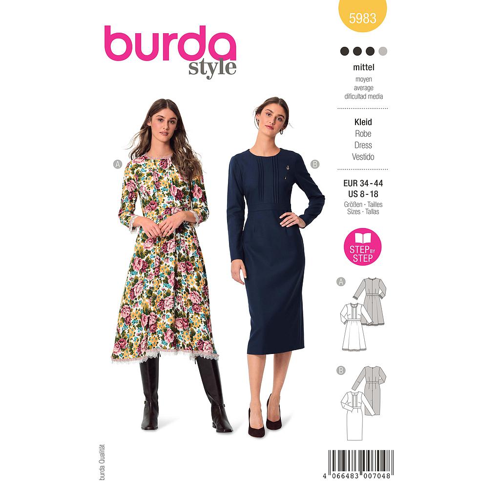 [B5983] Patron Burda 5983 - Robe avec ceinture de taille et jupe ample ou droite du 36 au 46 (FR)