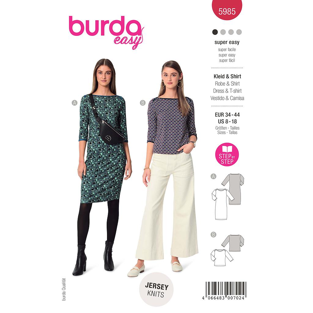 Patron Burda 5985 - Robe étroite &amp; tee-shirt à manches 3/4 avec encolure bateau du 36 au 46 (FR)