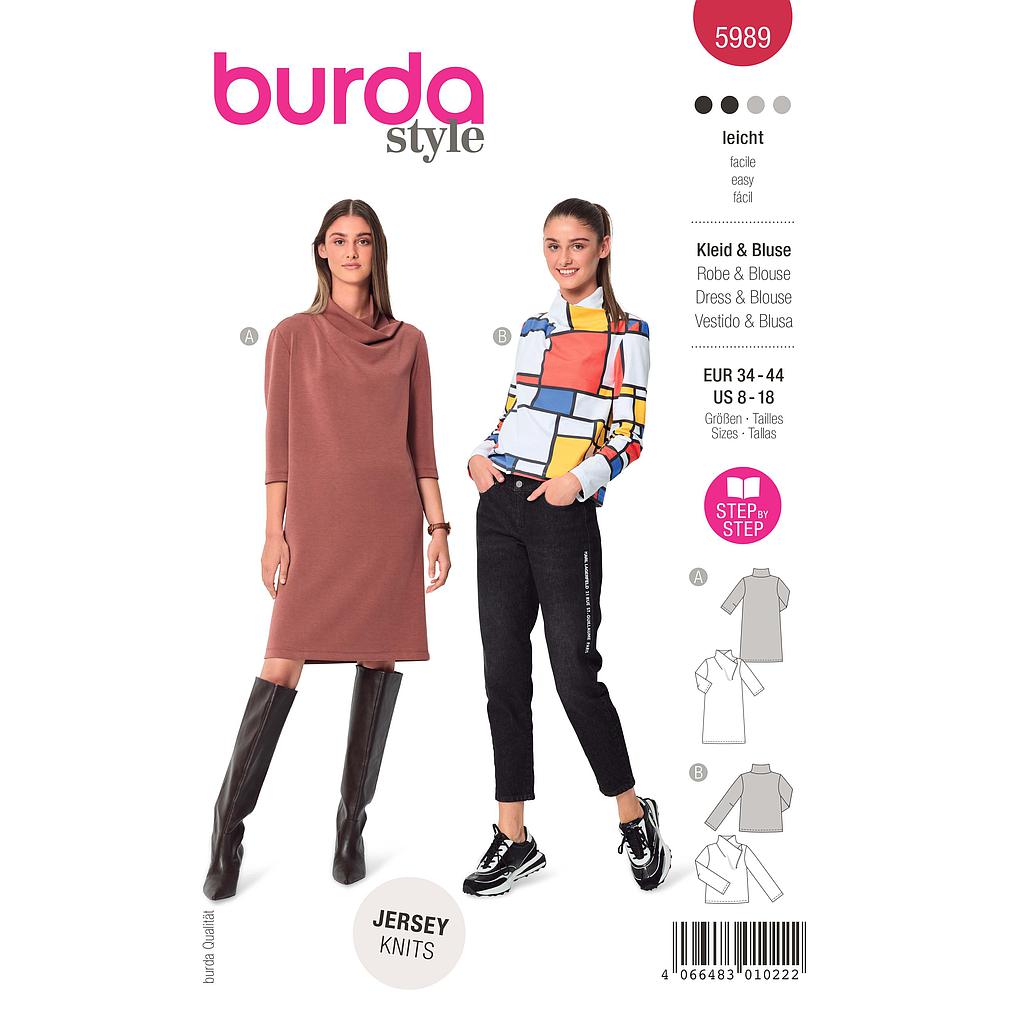 Patron Burda 5989 - Robe épurée et ample &amp; blouse façon t-shirt avec col montant du 36 au 46 (FR)