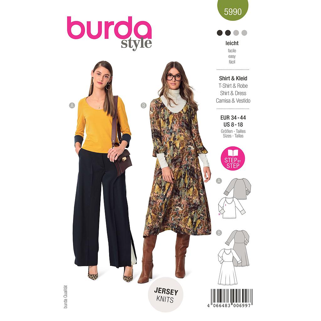 Patron Burda 5990 - T-shirt &amp; robe à encolure ronde et manches raglan du 36 au 46 (FR)