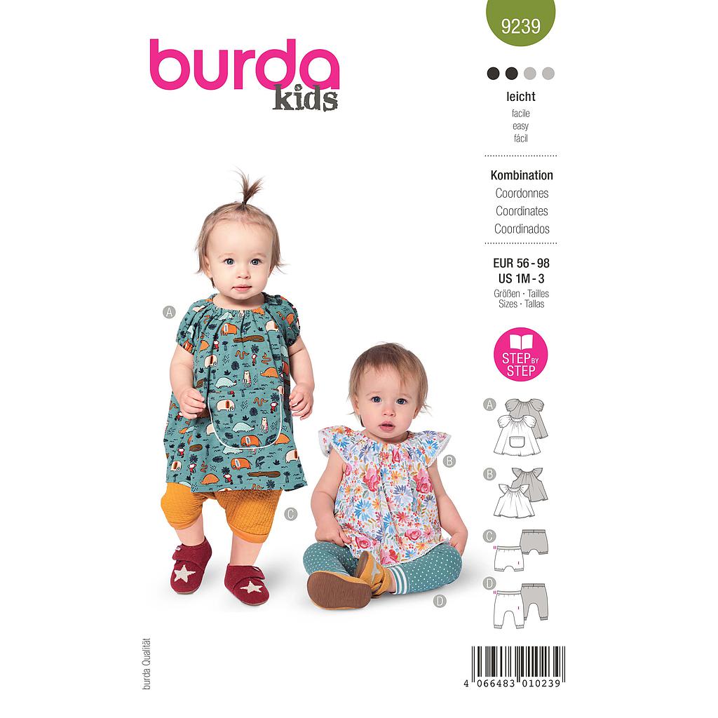 Patron Burda 9239 - Ensemble robe avec manches bouffantes et blouse avec petites manhes à ailettes du 56 au 98 (FR)