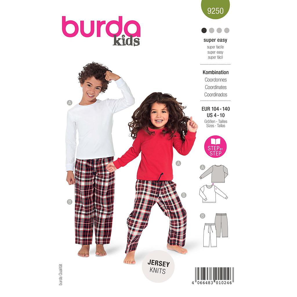 Patron Burda 9250 - Ensemble t-shirt manche longue et pantalon à large ceinture élastiquée de 104 à 140 cm 