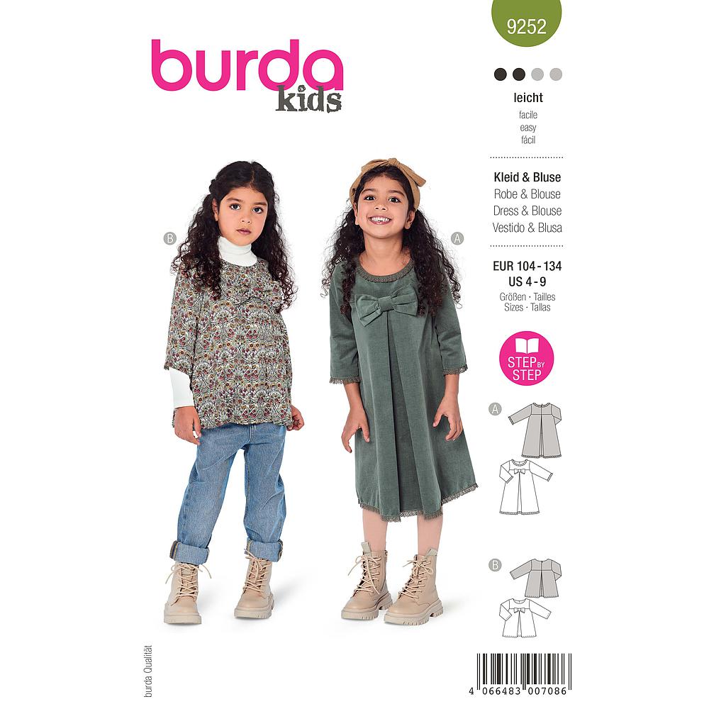 [B9252] Patron Burda 9252 - Robe & blouse évasées de 104 à 134 cm