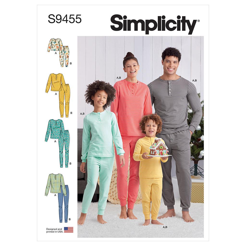 [S9455] Patron Simplicity 9455 - Pantalon et haut en tricot pour femme, homme et enfant du 4 au 16 ans et du XS au XL