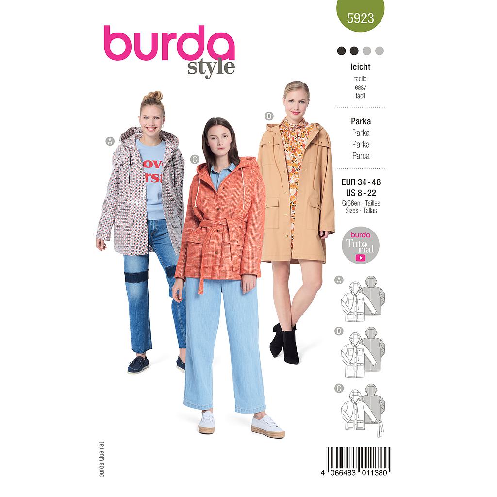 [B5923] Patron Burda 5923 - Parka à capuche et poches plaquées du 34 au 48 (FR)