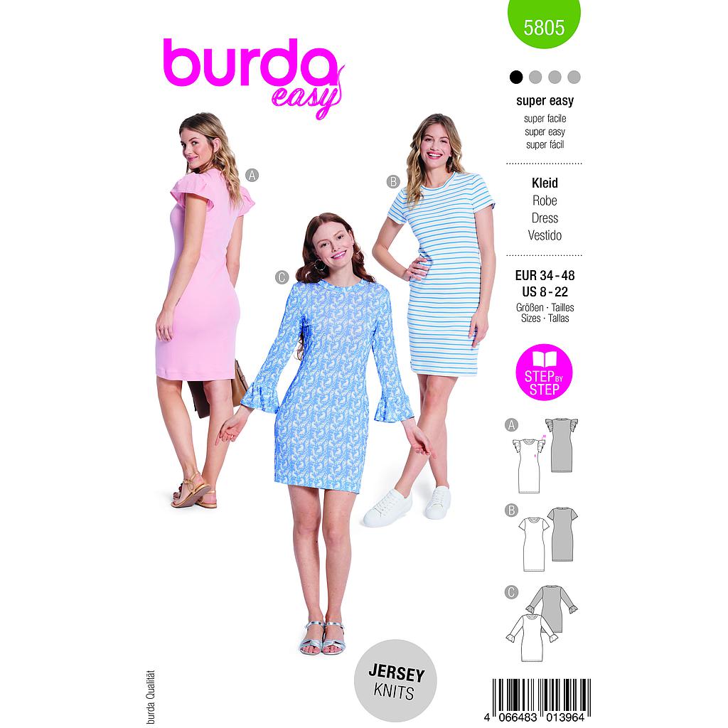 [B5805] Patron Burda 5805 - Robe en jersey à volants du 34 au 48 FR