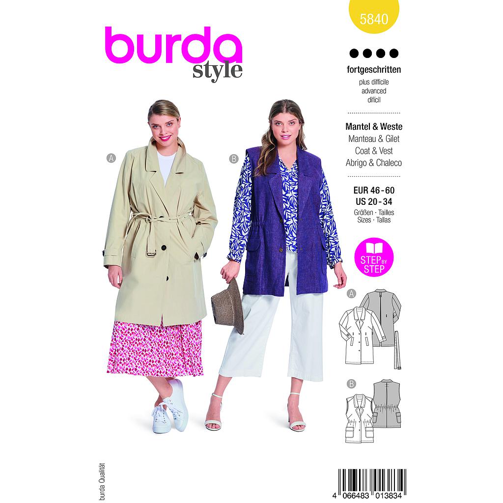 [B5840] Patron Burda 5840 - Trench coat du 46 au 60 FR 