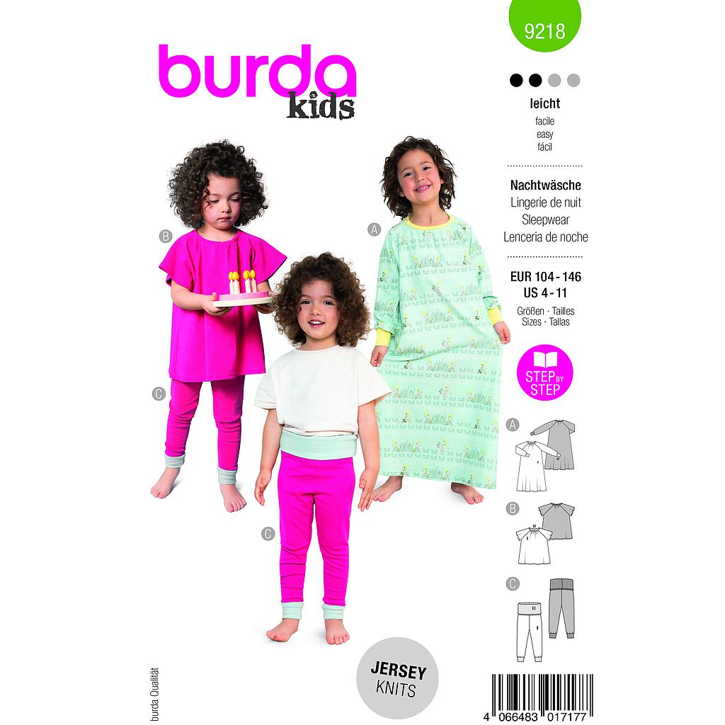 Patron Burda 9218 - Chemise de nuit, pyjama pour enfants
