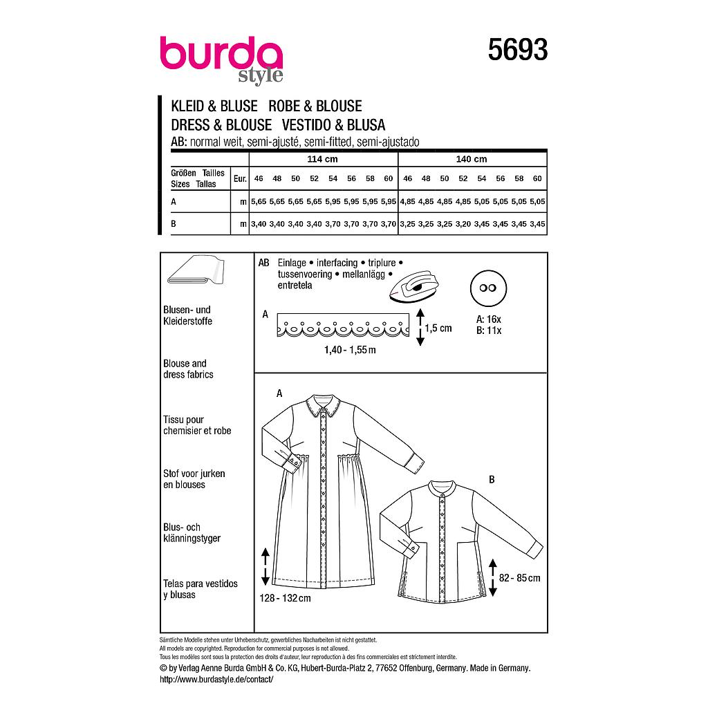 [B5693] Patron Burda 5693 - Robe et chemisier
