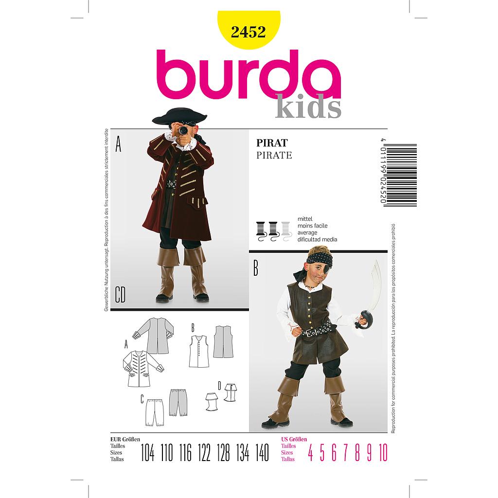 Patron Burda Carnaval 2452 - Déguisement Historique Pirate enfant