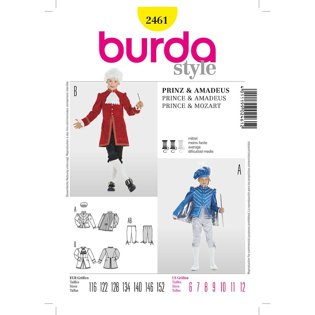 [B2461] Patron Burda Carnaval 2461 - Déguisement Historique Prince et Mozart enfant