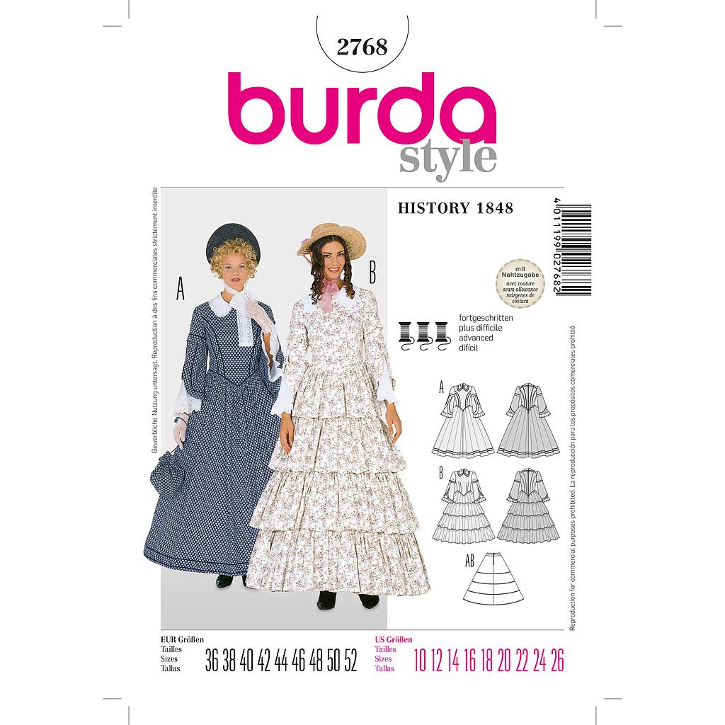 Patrón Burda 2768 Histórica Vestidos 'Luis Felipe' 1848