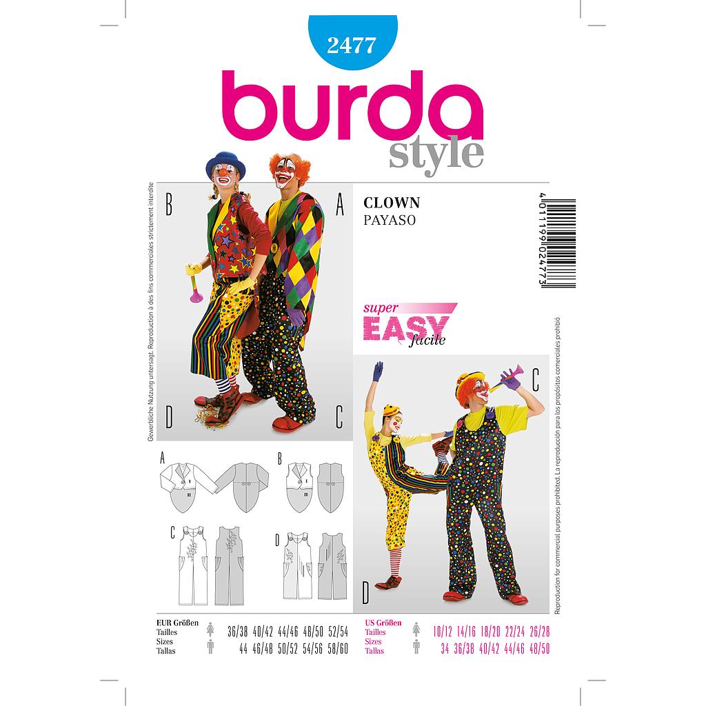 [B2477] Patron Burda Carnaval 2477 - Déguisement Clown Adulte Mixte