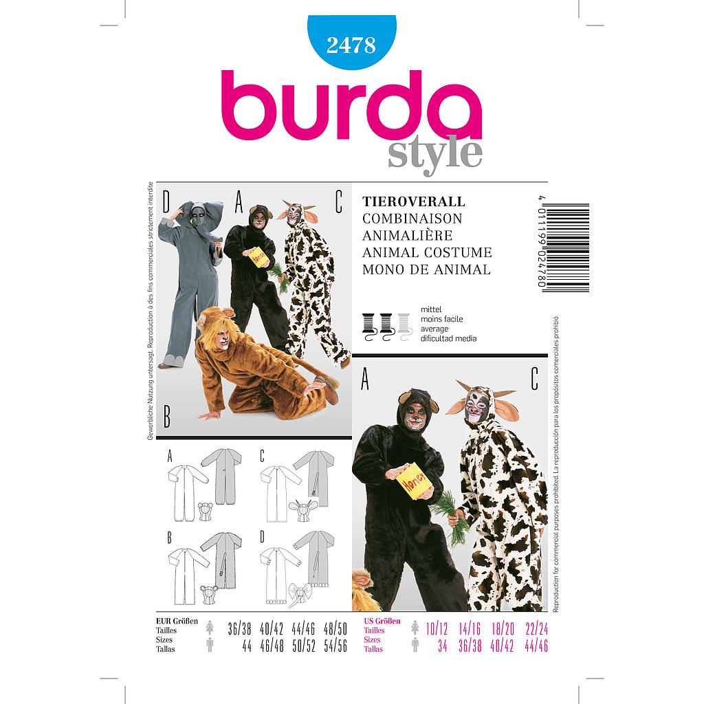 [B2478] Patron Burda Carnaval 2478 - Déguisement Combinaison animale Adulte