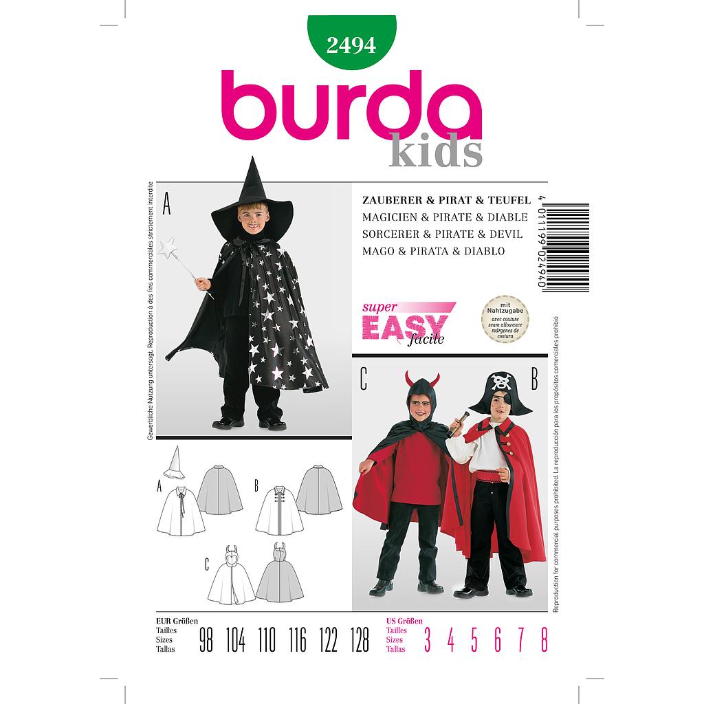 Patron Burda Carnaval 2494 - Déguisement  Cape et Chapeau de Magicien, Pirate et Diable enfant