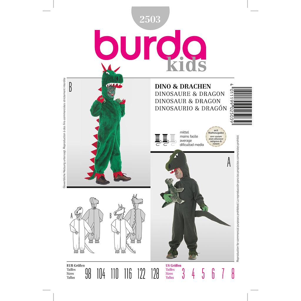 Patron Burda Carnaval 2503 - Déguisement Combinaison Dinosaure &amp; Dragon enfant