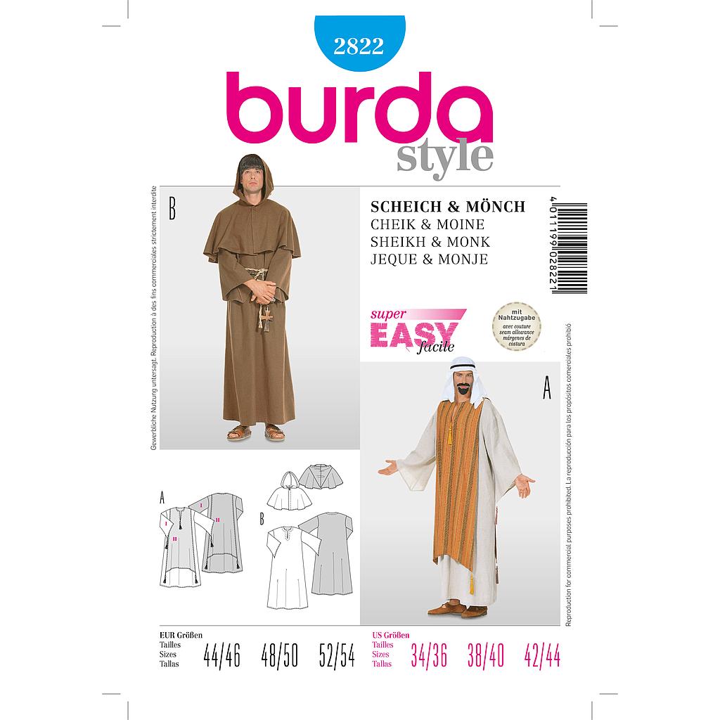 [B2822] Patron Burda Carnaval 2822 - Déguisement Moine & Cheik Arabe Homme