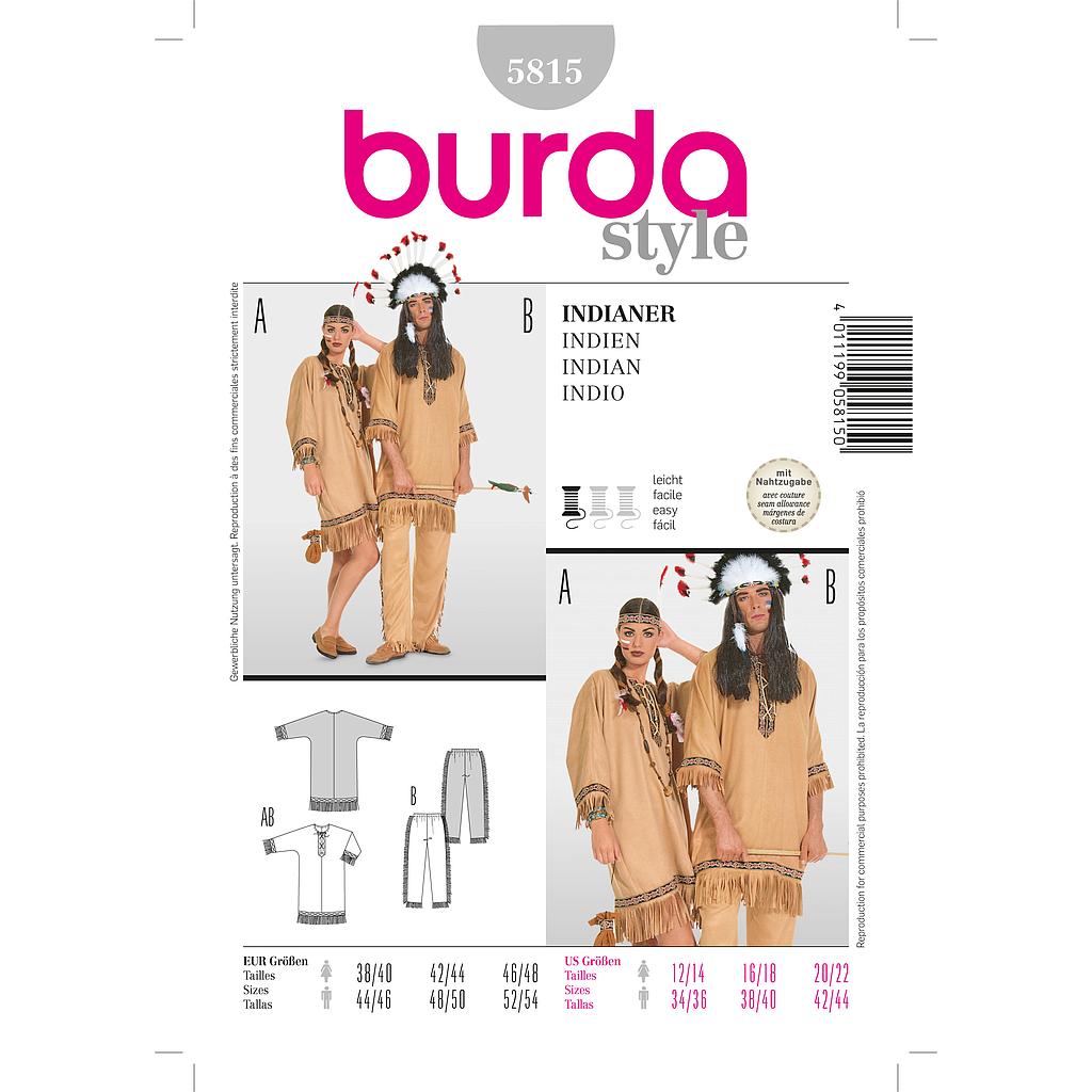 [B5815] Patron Burda Carnaval 5815 - Déguisement indien Homme et Femme
