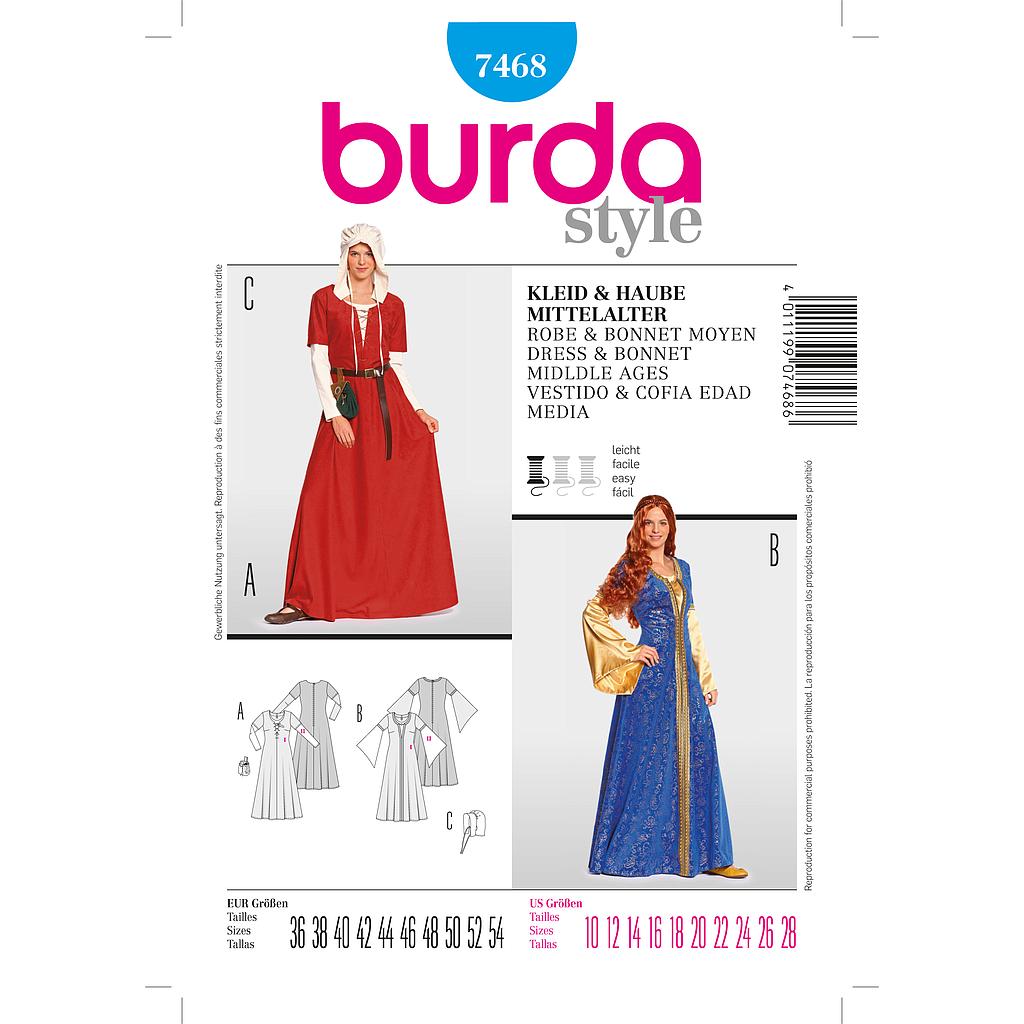 [B7468] Patron Burda Carnaval 7468 - Déguisement Historique Robe, bonnet Moyen - Âge Femme