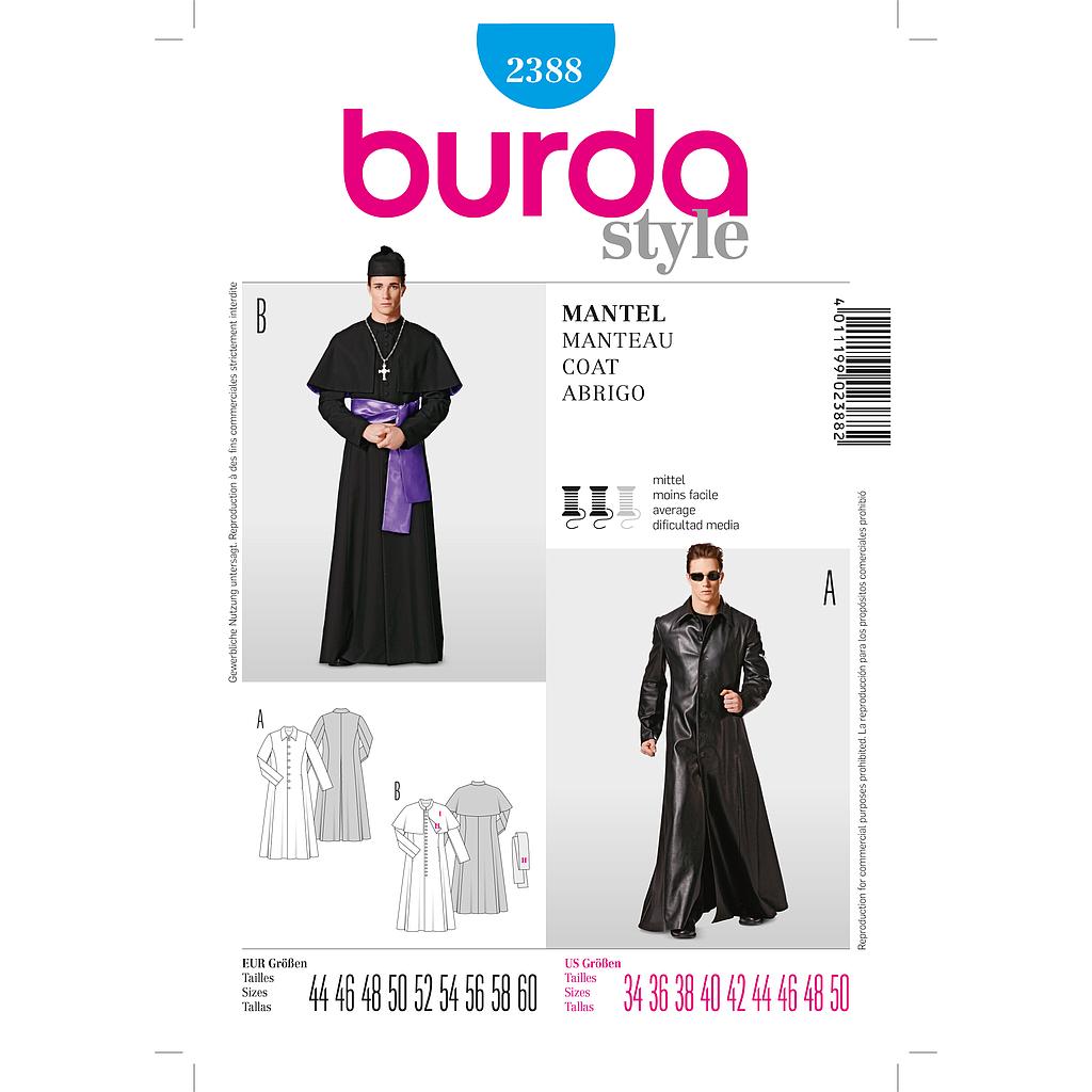 [B2388] Patron Burda Carnaval 2388 - Déguisement Manteau Prêtre et Cosplay Homme