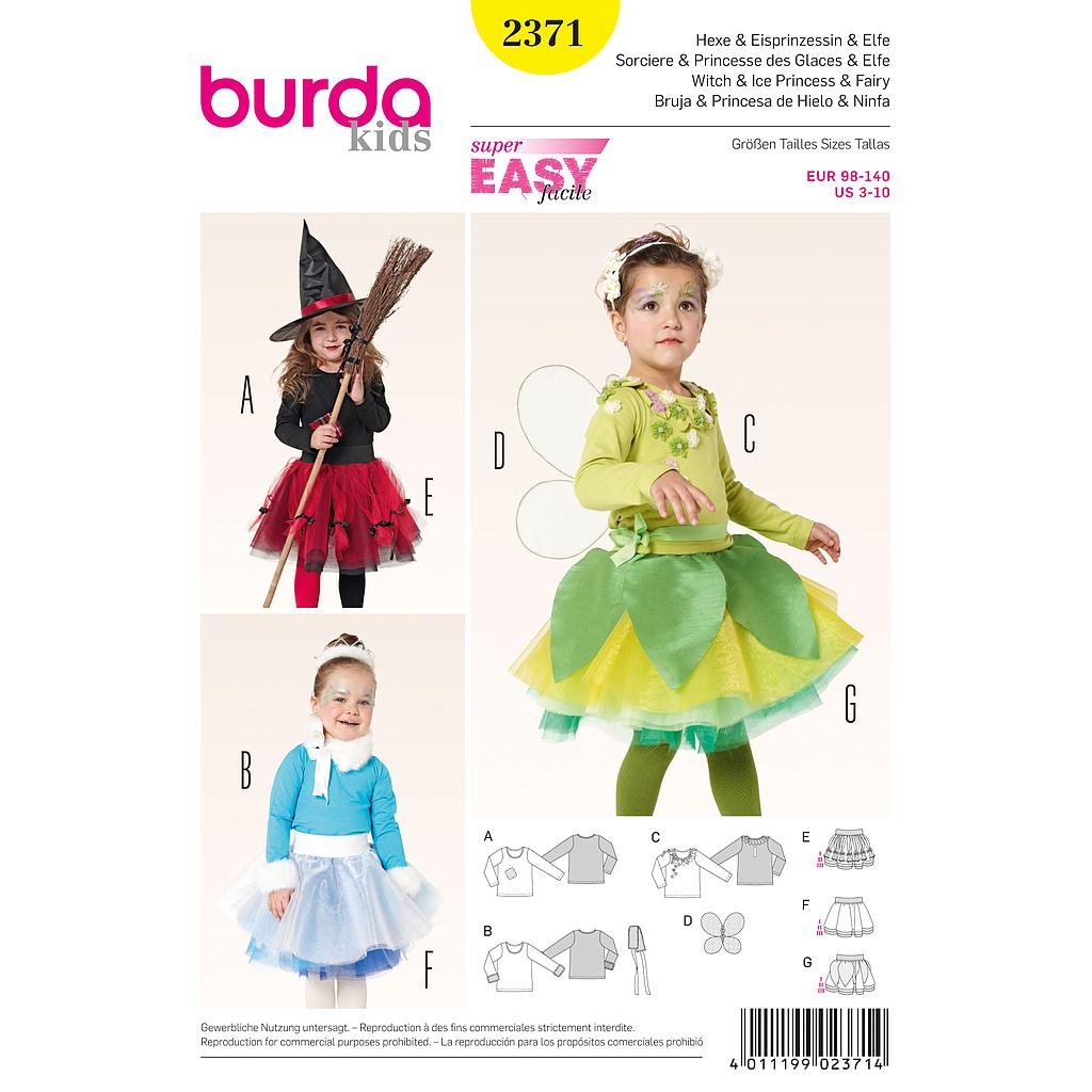 Patron Burda Carnaval 2371 - Déguisement de Sorcière, princesse des glaces et Elfe enfant