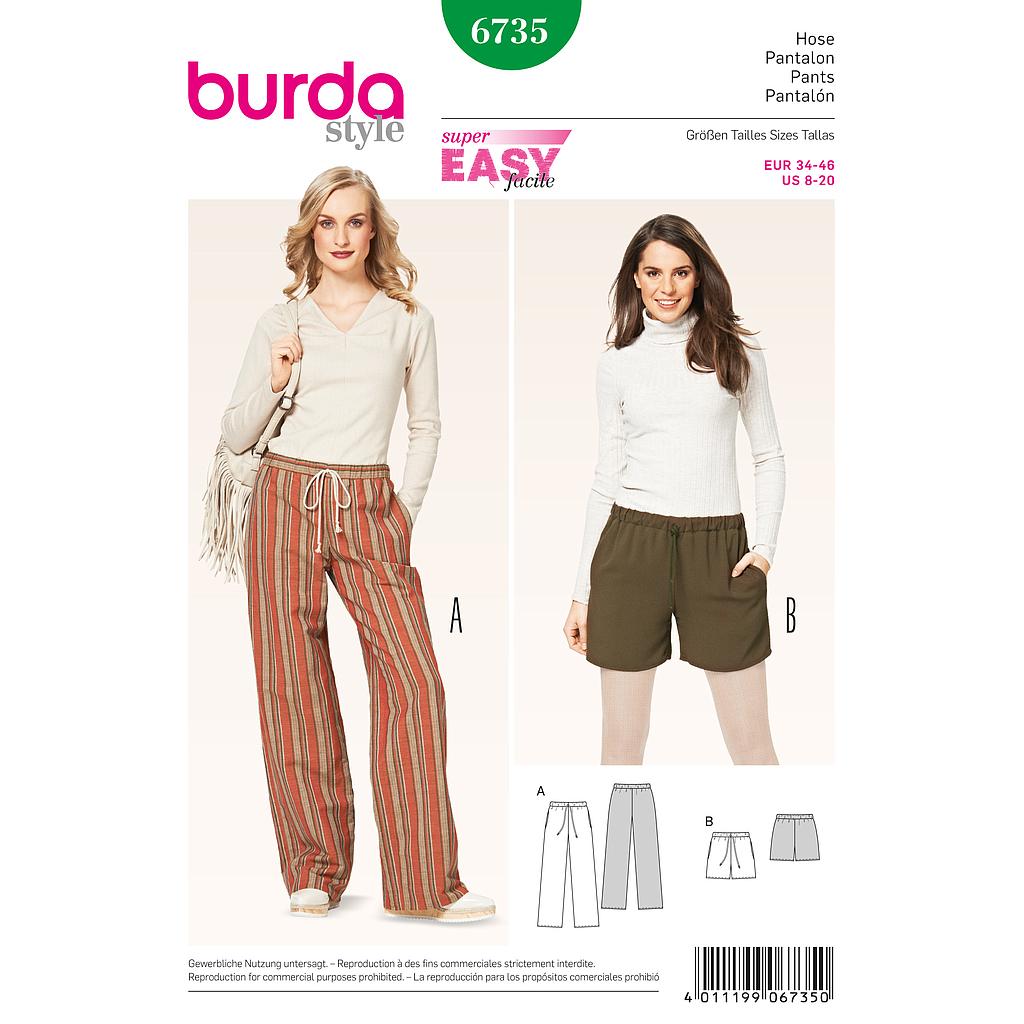 Patron Burda 6735 : Pantalon et short Femme avec coulisse et cordon du 36 au 48 (FR)